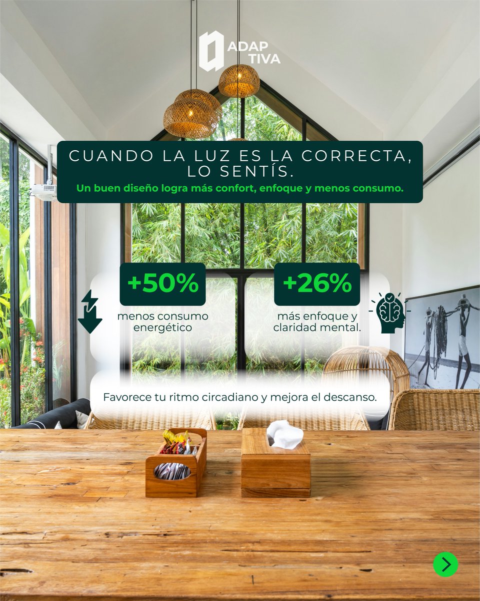 AdaptivaCR's tweet image. 🌞 Desafío de Luz

La luz natural impulsa el enfoque, el confort y la eficiencia energética. Si tu proyecto aún depende de luz artificial, es momento de diseñar con evidencia.

☀️ #HealthByDesign #LightingPerformance #ADAPTIVA