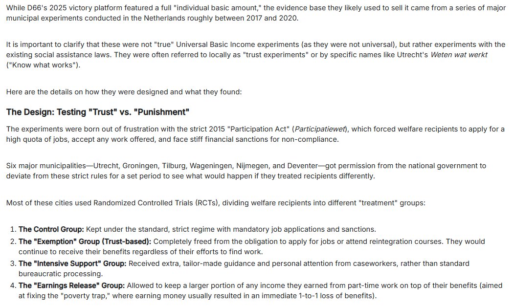 It's not as well known as Finland's basic income experiment, but the Netherlands did do a series of their own experiments that didn't actually test UBI, but did test the characteristics of UBI. They were the "trust experiments". They tested dropping work requirements and also