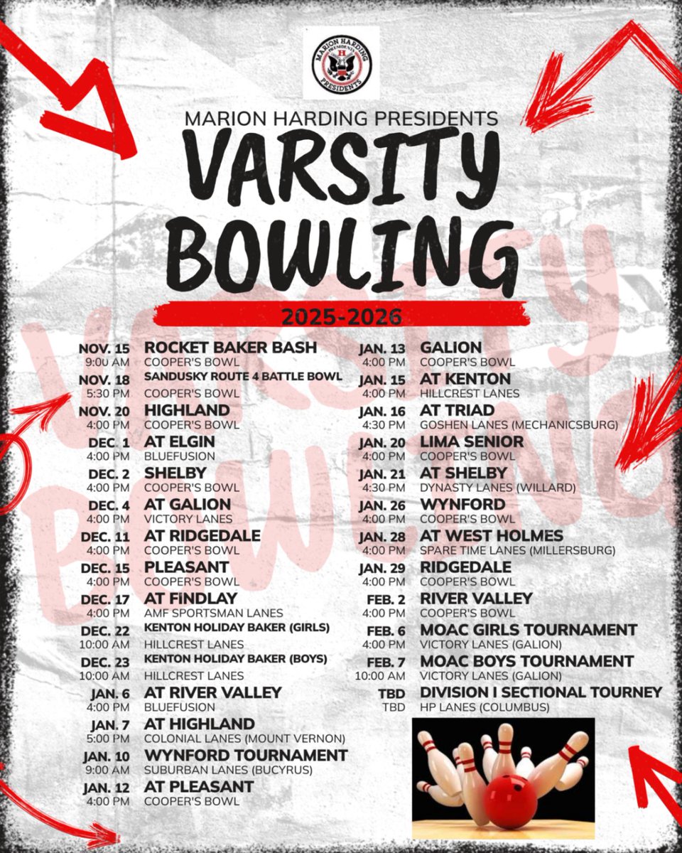 🔴⚫Winter Schedule Release #4 - Bowling 🎳🎳
Varsity Girls and Boys Bowling Schedule for '25-26
Go Presidents!
<a href="/MCSPresidents/">Marion City Schools</a> 
<a href="/SuptMurphyMCS/">Brian Murphy</a>
<a href="/McMotorsport/">Rob McCurdy</a>