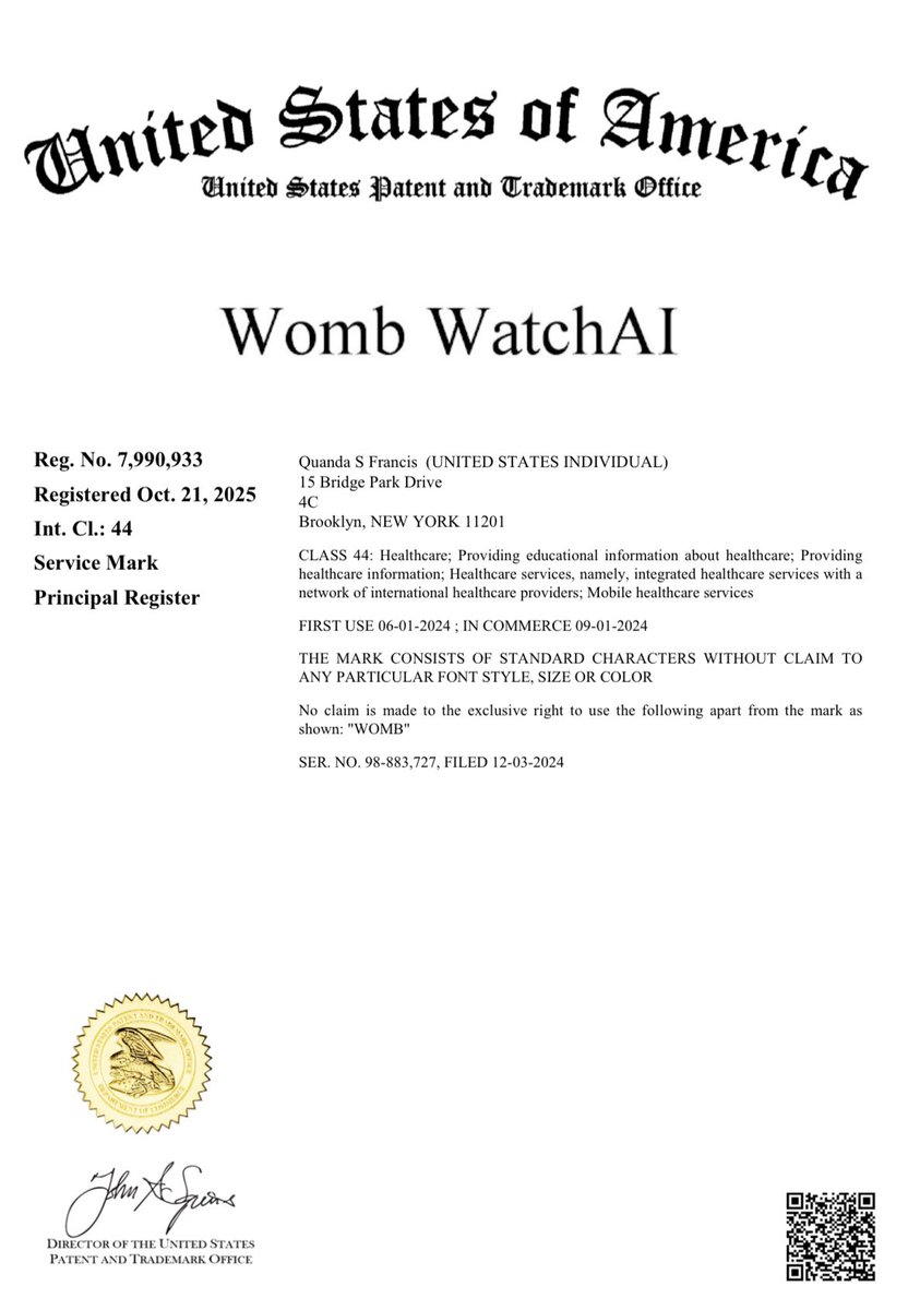 WombWatchAI® secured federal trademark protection (Reg. No. 7,990,933) 
+ NSF invitation for $2M funding 🚀

First bio-intent orchestration system powered by women's biology.
Patent-pending AI. 5,250% growth in 3 months.

Built by a woman who almost died from medical dismissal.