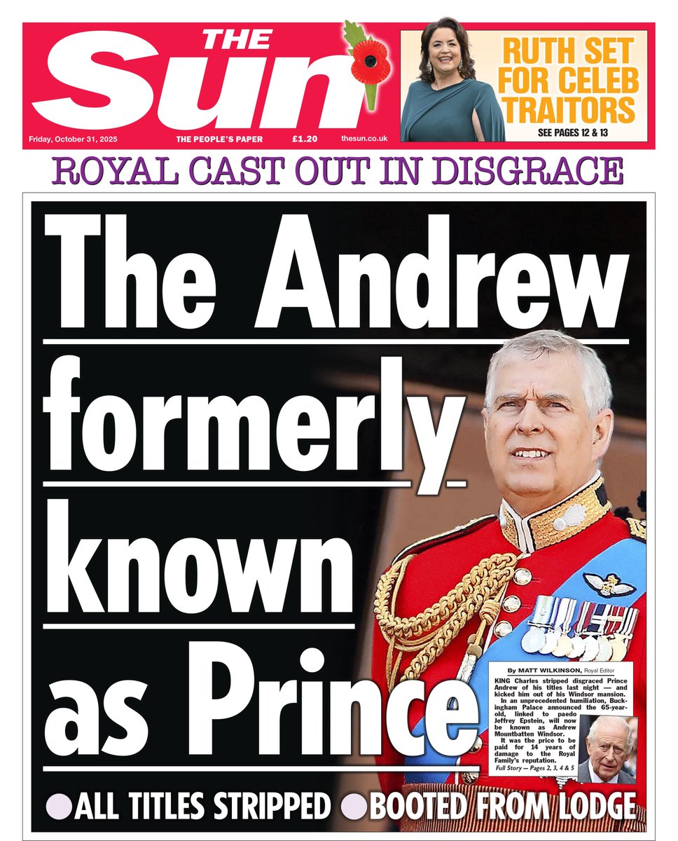 TheSun's tweet photo. On tomorrow's front page: The Andrew formerly known as Prince

- All titles stripped
- Booted from Royal Lodge

https://t.co/uLFpM5PYUo https://t.co/kEO2ZKnJNW