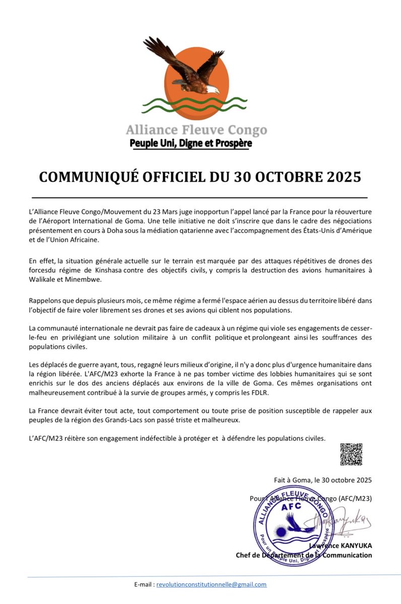 LawrenceKanyuka's tweet photo. COMMUNIQUÉ OFFICIEL DE L’ALLIANCE FLEUVE CONGO/MOUVEMENT DU 23 MARS (AFC/M23) DU 30 OCTOBRE 2025 ⤵️ https://t.co/qqdrhCLOMW