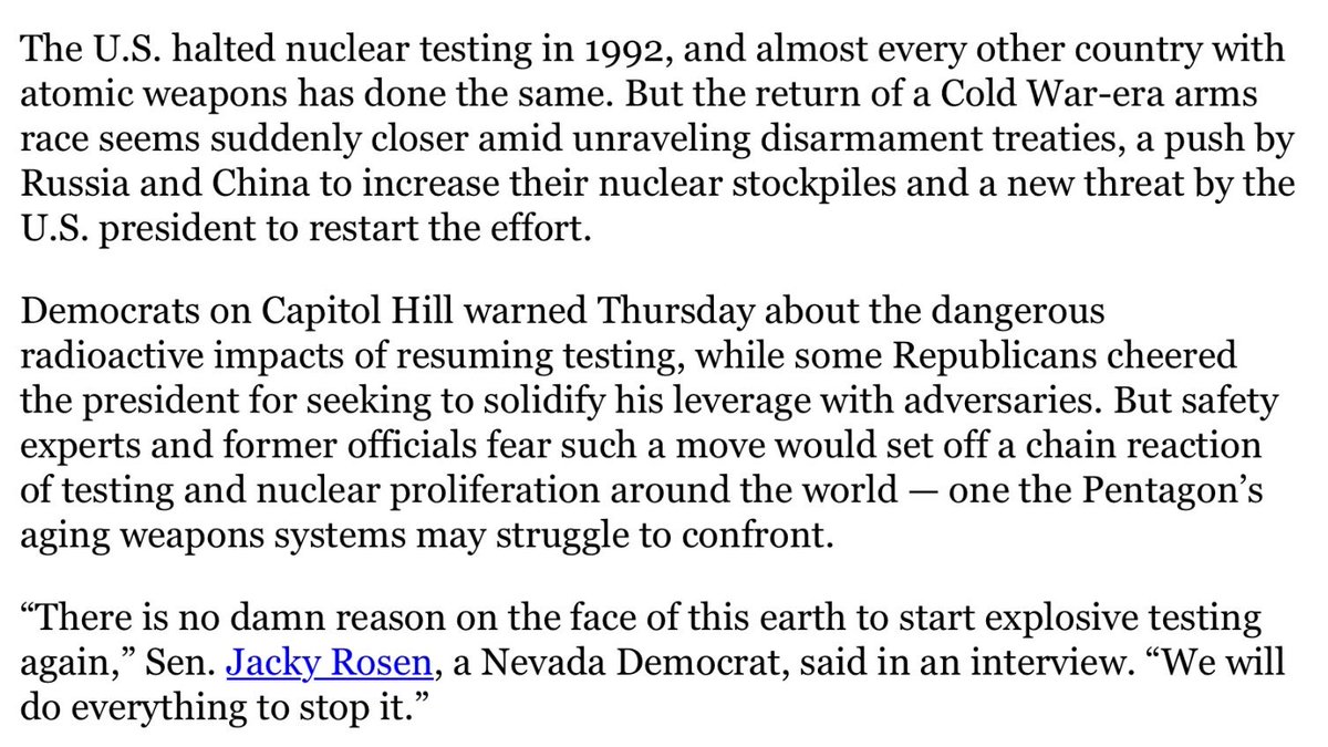 “There is no damn reason on the face of this earth to start explosive testing again,” <a href="/SenJackyRosen/">Senator Jacky Rosen</a> said.