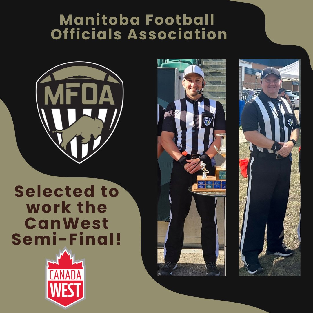 The MFOA would like to congratulate Mike Klassen (U)
and Mark Schmidtke (FJ) who have been selected to work The Canada West Semi-Final game this Saturday.
The Regina Rams host The Manitoba Bisons 5:00 at Mosaic Stadium

📷Best of luck to all the officials!