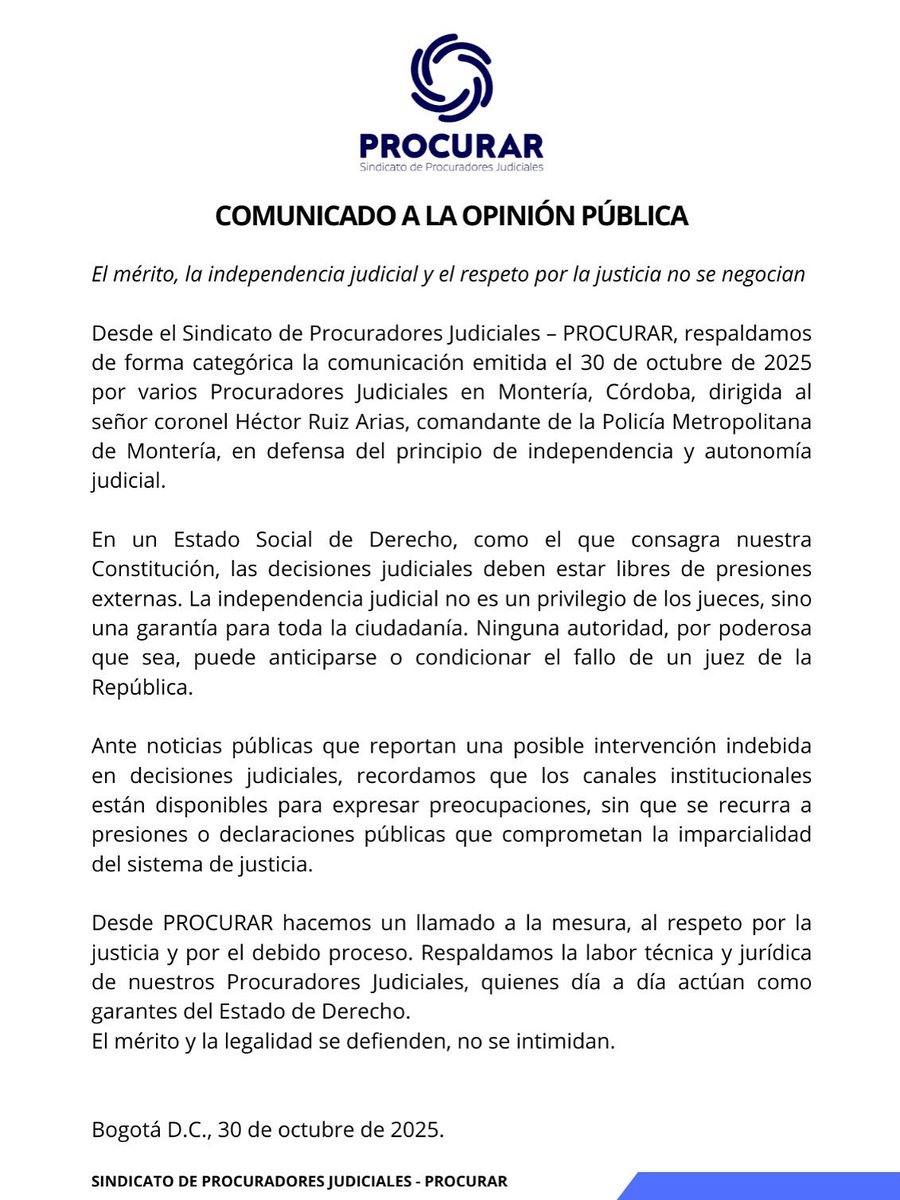 ⚖️ La independencia judicial no se negocia. 
Desde PROCURAR respaldamos la labor de nuestros procuradores judiciales en Montería y reiteramos:

👉 El mérito y la justicia se defienden, no se intimidan.
#ProcuradoresJudiciales #EstadoDeDerecho