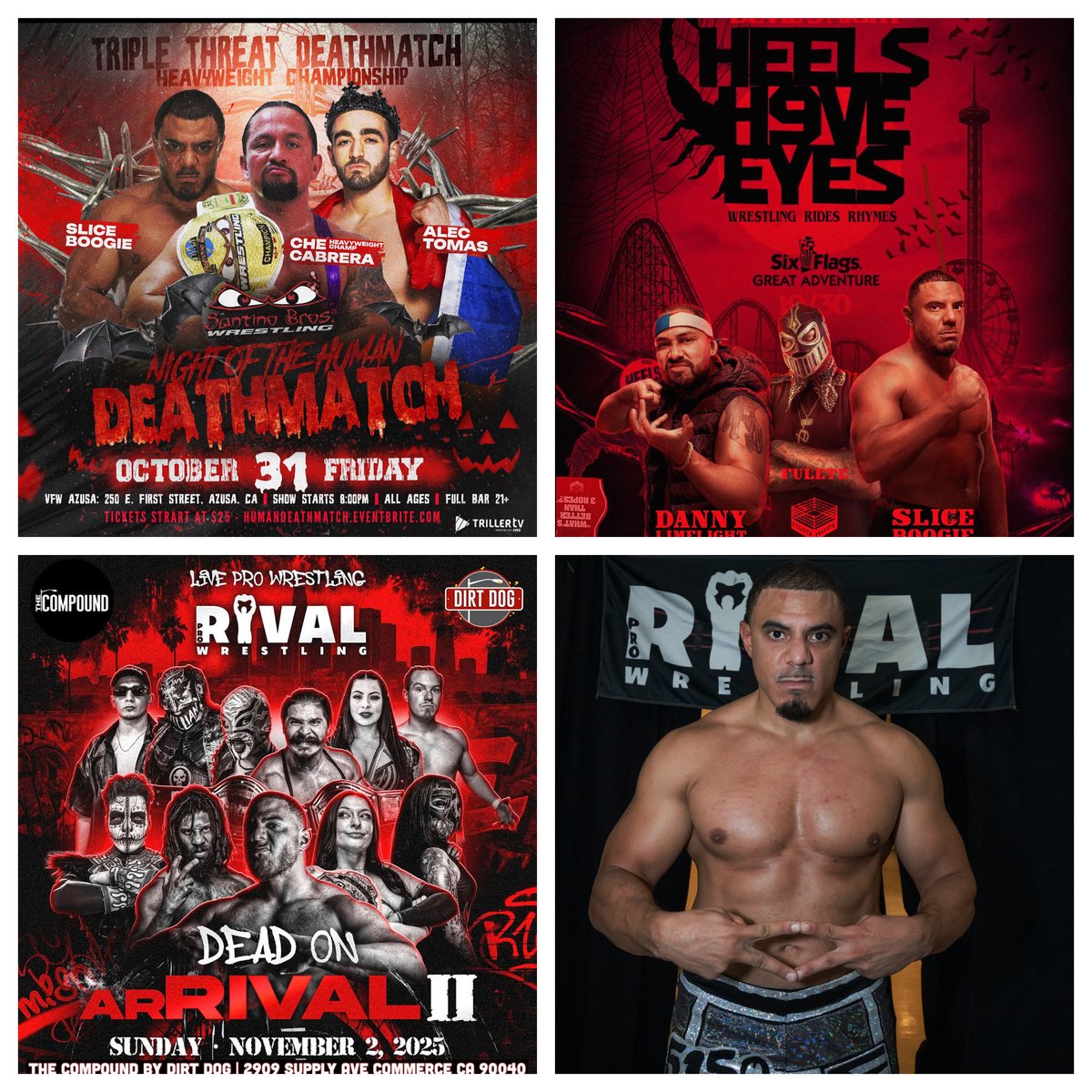 SliceBoogie's tweet image. Busy Halloween Weekend! 

Friday Night Deathmatch @santinobros in Azusa, CA

5:30 AM Flight to New Jersey 11/1 @4thrope for Tag Team Madness with @dannylimelight @SPIFFTvFilms #5150

9AM Flight Back go LA for @rival_prowrestling 11/2 Dead On Arrival
