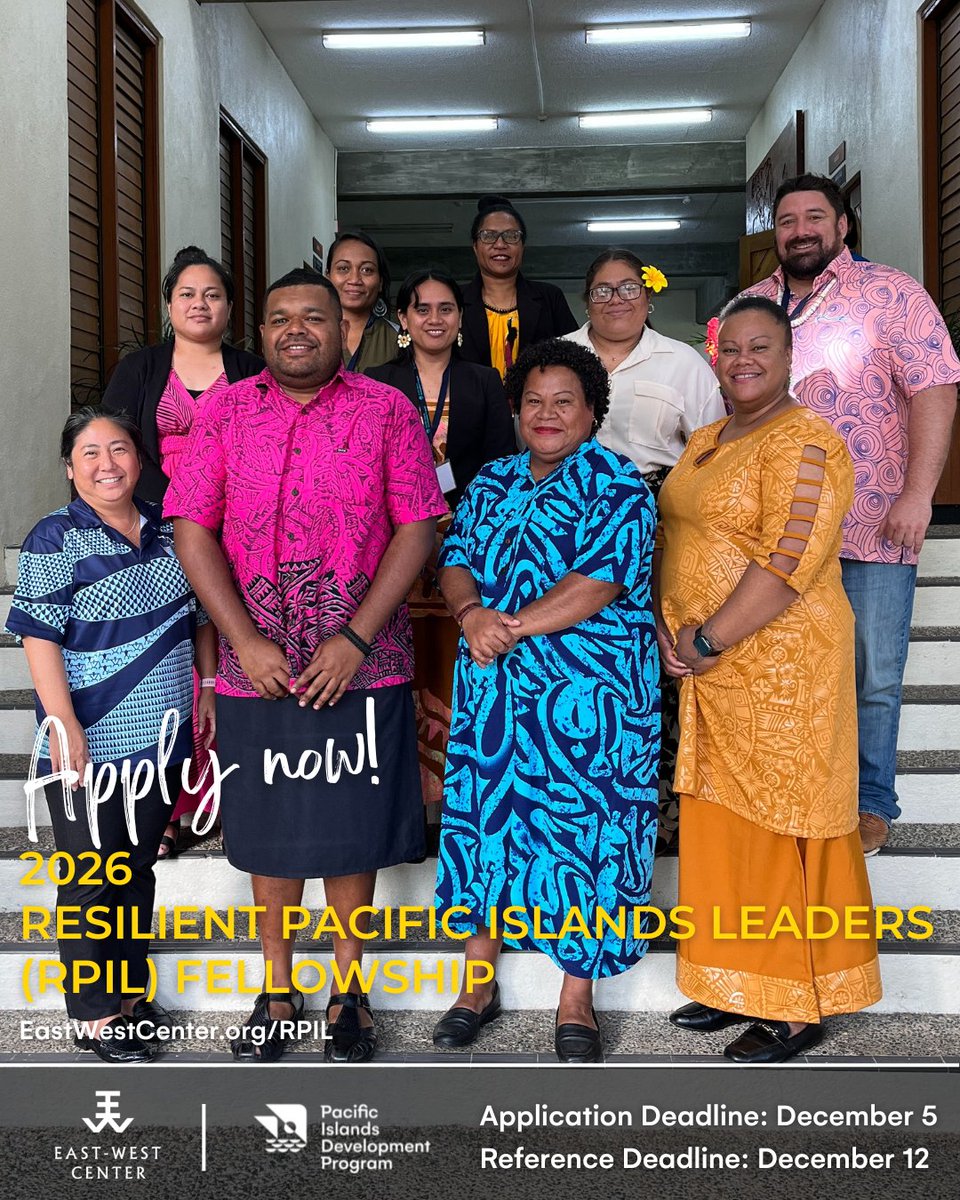 PIDP_EWC's tweet image. Apply now for the 2026 Resilient Pacific Islands Leaders (RPIL) Fellowship, a three-week in-person program in Honolulu and Guam. Click on the link below for eligibility and application information.
eastwestcenter.org/rpil
#PacificIslands #Leadership #PIDP #EWC