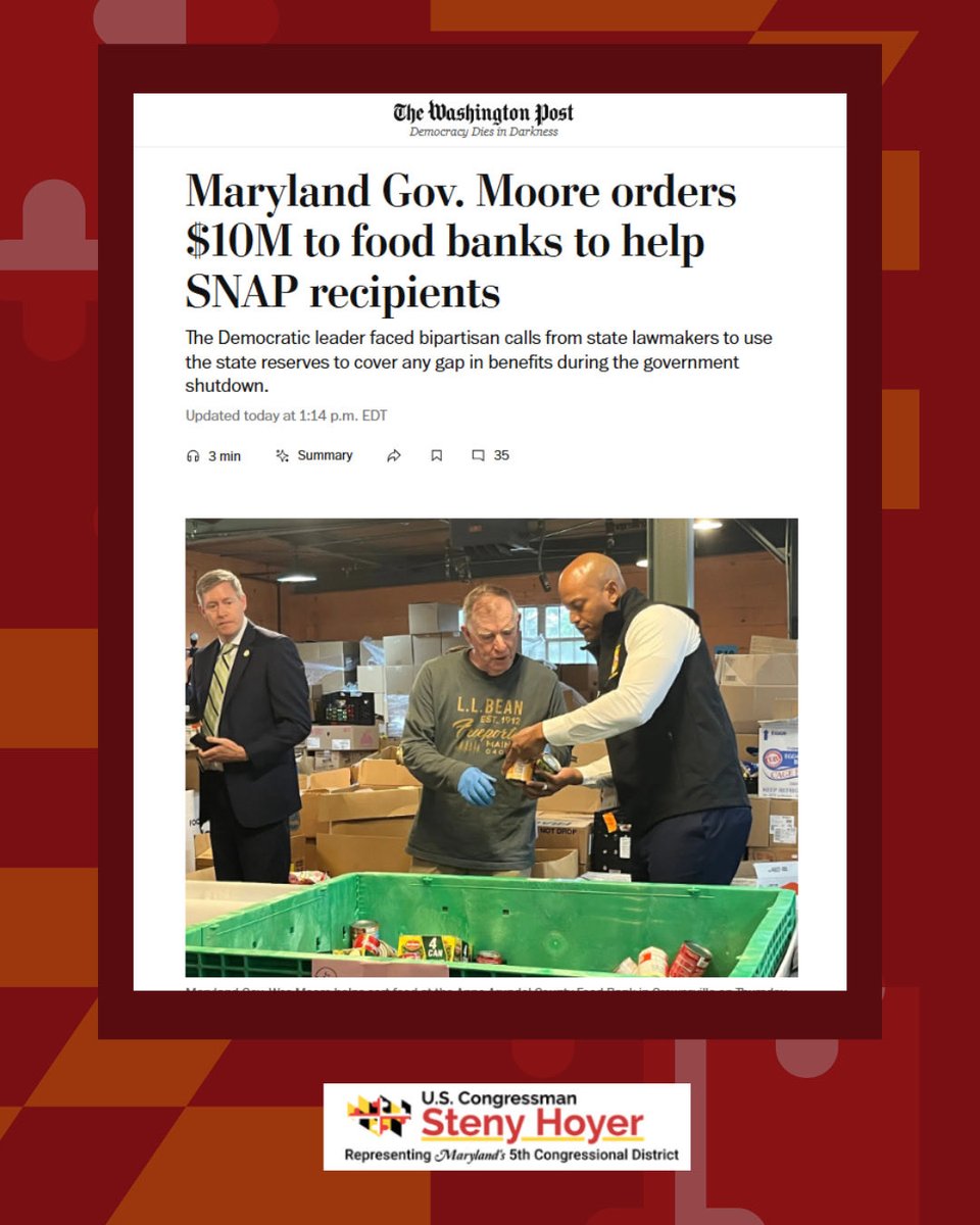 In the face of Trump’s illegal action to withhold SNAP funding, the MD Delegation is glad to see <a href="/GovWesMoore/">Governor Wes Moore</a> take action to protect vulnerable families. 

Team MD will continue working to support Marylanders as we fight to end this shameful Republican shutdown.
