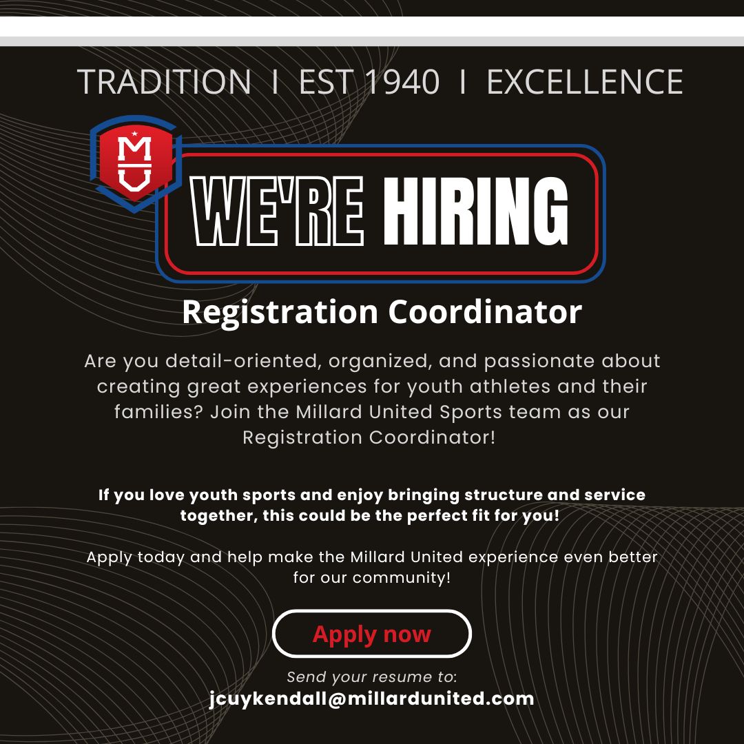 Are you talented, driven, and want to work in a fun, fast paced, youth sports environment? 

If so, we are hiring for a Registration Coordinator. 

More info can be found here ➡️ buff.ly/aPzfiKt 

Email your resume to Jenny Cuykendall at jcuykendall@millardunited.com