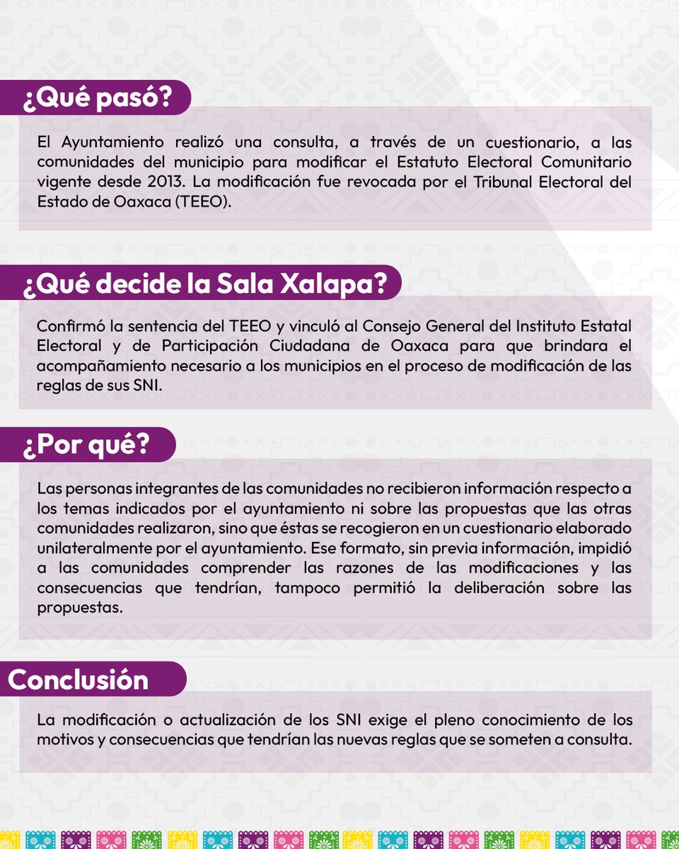 El Ayuntamiento de San Jerónimo Sosola, Oaxaca, realizó una consulta para modificar su Estatuto del Sistema Normativo Interno; sin embargo, las comunidades no contaron con la información necesaria para deliberar y comprender las consecuencias de los cambios propuestos.