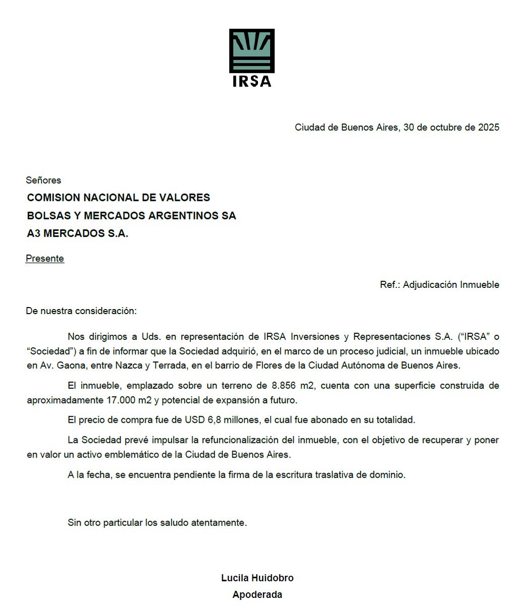 $IRSA
Se quedó con un predio de 8.856 m2 con una superficie construída de 17.000 m2 por USD 6,8 MM
Por lo que ví en Google Maps allí funcionaba el Hospital Israelita, en el barrio de Flores.