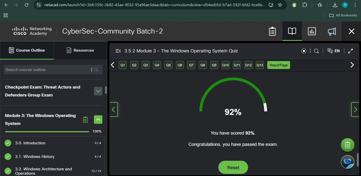 d_pcode's tweet image. 35/100
#100DaysOfCyberSecurity 
@ireteeh @cyberjeremiah 
I completed module 3 of the CyberOps Associate course today. I learnt about Windows configuration and monitoring, as well as security measures for the Windows operating system.
#CiscoNetAcad #CyberSecurity