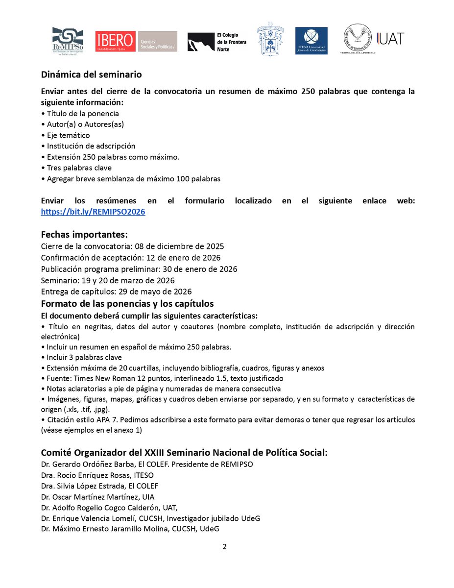 REMIPSO's tweet photo. Extendemos la invitación para participar en el XXIII Seminario Nal. de Política Social, a realizarse en la UdeG de acuerdo con los objetivos, ejes temáticos y fechas que se indican en la Convocatoria adjunta. 
Duda o comentarios: remipsoconsejo@gmail.com
Atte.
Comité Organizador https://t.co/hvHx2iVA7F