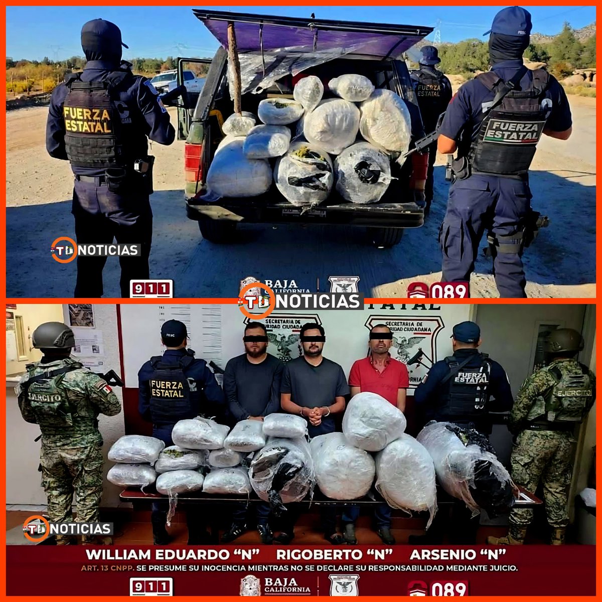 HRS4NTOS's tweet image. #Tecate | Durante un operativo en el tramo La Rumorosa – Laguna Hanson, agentes de la #FESC aseguraron más de 56 kilogramos de marihuana y detuvieron a tres hombres que presuntamente transportaban la droga hacia Tijuana.
