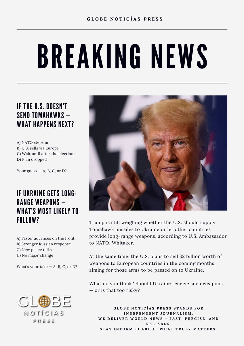 GNP_UNION's tweet photo. The debate continues: Should Ukraine get long-range weapons?
Trump is weighing options, and the U.S. plans $2 billion in arms sales to Europe for Ukraine.

#Ukraine #USA #NATO #Politics #War #Peace #News #Discussion #QuestionOfTheDay #Geopolitics #News https://t.co/O10yYOyrRp