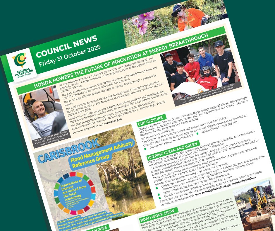📰 Check our weekly update..
read/download from our website at:
centralgoldfields.vic.gov.au/31Oct2025 👉

This week's wrap includes:
🏇 Cup closures
💦 Join flood group
♻️ Clean green-no charge!
🦺 Road Crews
💵 Win art prizes
🤘 EB Powered by Honda Sponsorship
👨‍🏫 Join our team
✍ Tenders