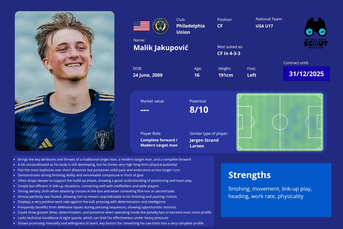 Malik Jakupović is one of the most promising U17s in the United States.

Another outstanding prospect emerging from the great Philadelphia Union academy.

A very complete profile for a forward of his age. 🇺🇸