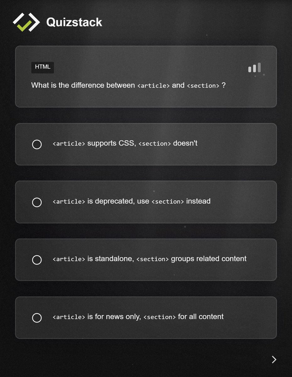 quizstackapp's tweet image. Did you know that nuance about article & section tags ?
Discover more HTML questions at quizstack.io ✨