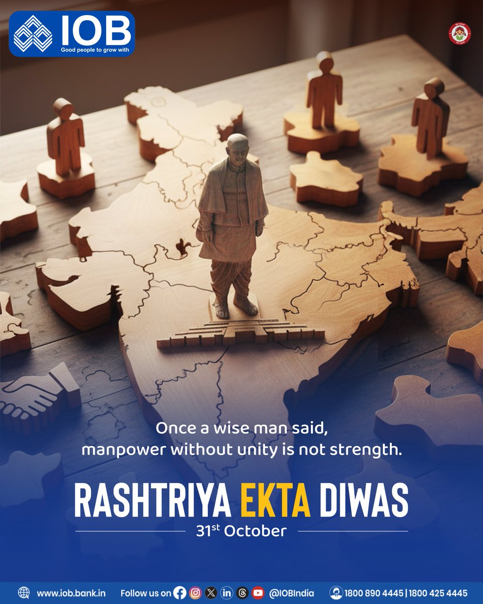 IOBIndia's tweet image. Together, we are stronger. Let’s celebrate the spirit that binds us all.​

IOB wishes you a meaningful Rashtriya Ekta Diwas.​

#RashtriyaEktaDiwas #UnityInDiversity #IndiaUnited #IOBWishes #StrengthInUnity #31stOctober #ProudToBeIndian #IndianOverseasBank #IOB #DFS #RBI…