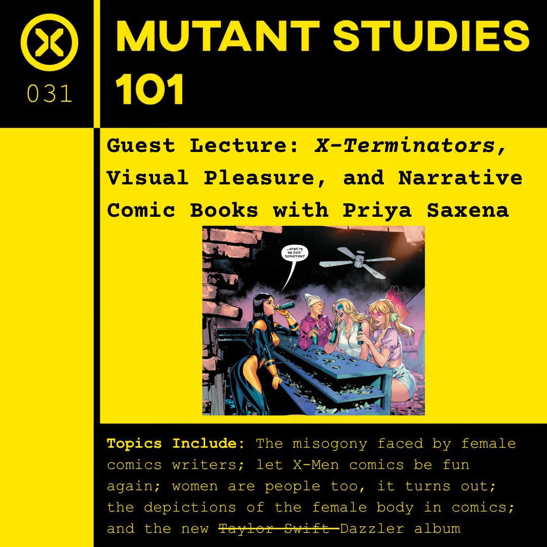 Mutant101POD's tweet image. It's podcast o'clock, sluts!! Wait- sorry, that felt gross.
Uh...new episode! It's about "X-Terminators" with our friend @lettersofpriya Listen to "Guest Lecture: X-Terminators, Visual Pleasure, and Narrative Comic Books" wherever pods are cast!