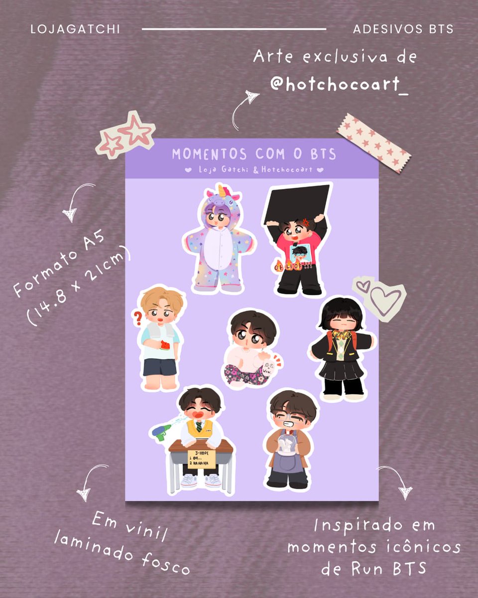 lojagatchi's tweet photo. em parceria com a @hotchocoart_ , aqui estão as novas cartelas de adesivos da nossa loja! a gente quis trazer momentos icônicos de run bts que o army ama! vcs conseguem dizer quais momentos são esses?? 
e a giu mandou muito, né? não é a coisa mais fofa?
🔗https://t.co/gC3xHGpPmU https://t.co/IjviOL9n4N