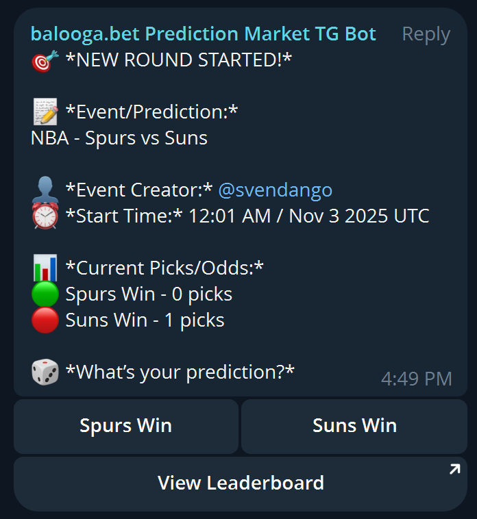 New event posted in our TG group.  Think you're good at making sports predictions??  Show us your stuff: t.me/+zYR8OMpWlXllM…

#sportsbetting #predictionmarkets #P2P #NBA