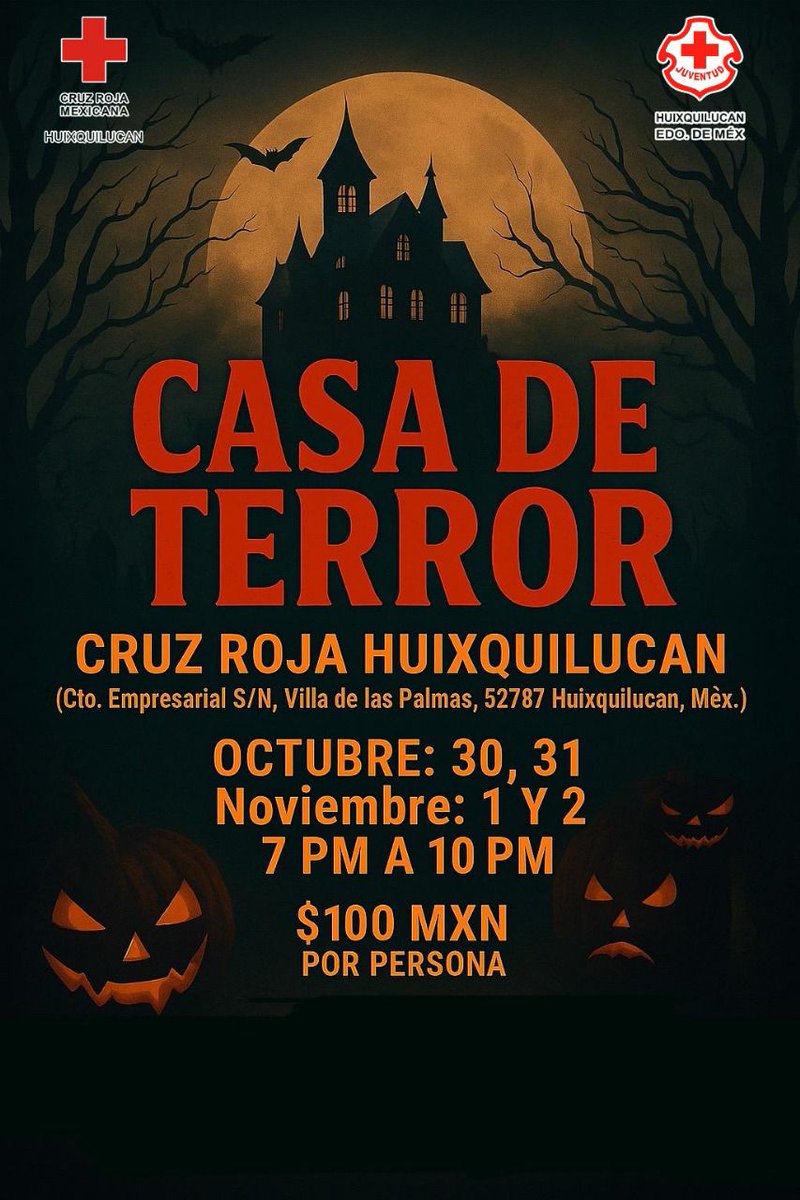 🎃 ¡Llegó el día! 👻
Hoy es la gran inauguración de la Casa del Terror en Cruz Roja Huixquilucan, justo enfrente de Carl’s Jr. 😱

A partir de las 6:30 pm
 
Prepárate para vivir una experiencia llena de miedo, adrenalina y muchas sorpresas. 😈
No te lo puedes perder