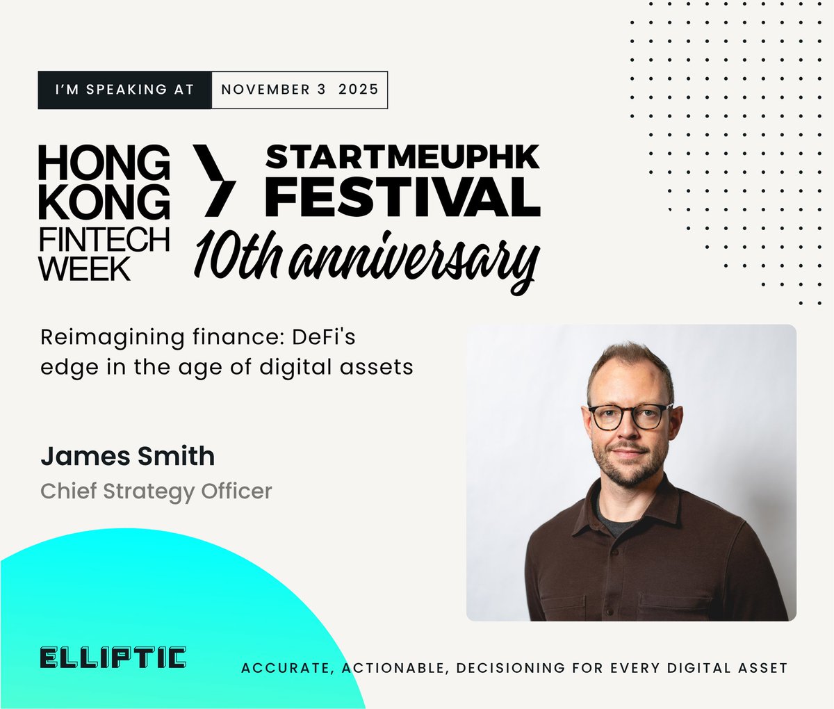 elliptic's tweet image. 🚀  Next week at Hong Kong FinTech Week, Elliptic’s Founder and Chief Strategy Officer James Smith will join Aleksandra Fetisova (1inch), Jocy Lin (IOSG Ventures), and Sunny Jiang (MaasVentures) to discuss how DeFi is reshaping finance in the age of digital assets.

🗓️ Nov 3 |…