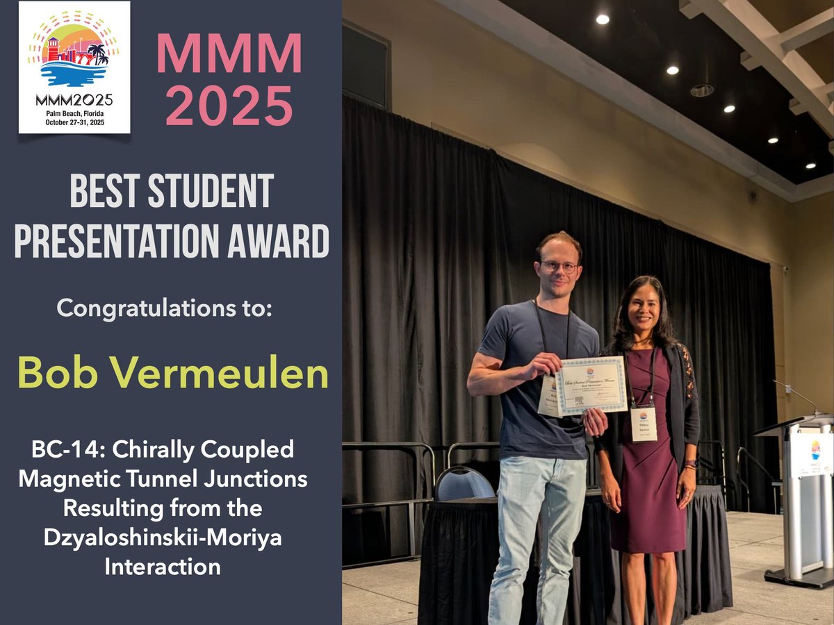 #MMM2025 Best Student Presentation Award
🏅 Bob Vermeulen – IMEC; KU Leuven
“Chirally Coupled Magnetic Tunnel Junctions Resulting from the Dzyaloshinskii–Moriya Interaction” (BC-14)
Supported by Elsevier – recognizing excellence in graduate magnetism research.
Winner: 💰 $1,000