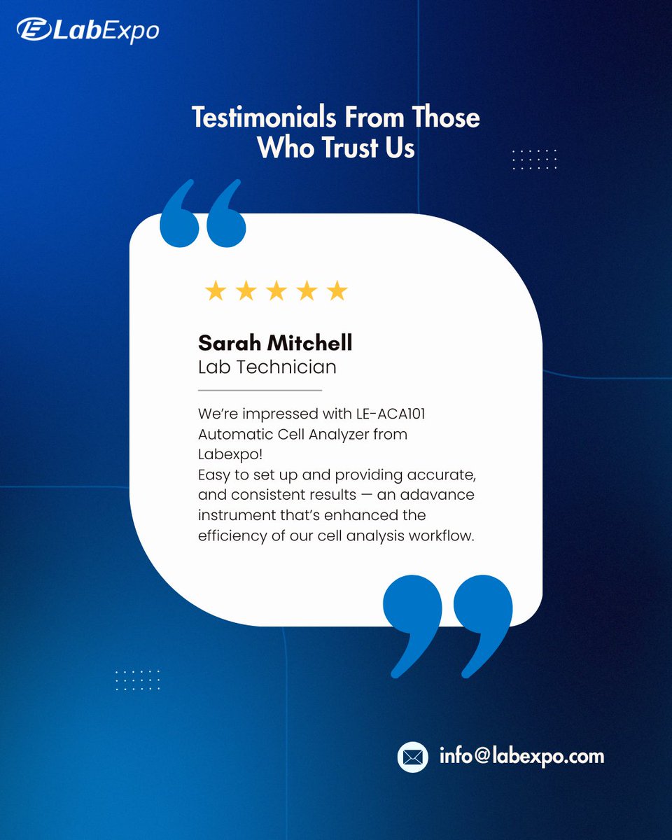 LabExpo_LLC's tweet image. We’re delighted to hear from Sarah Mitchell, Lab Technician, on her great experience with our Automatic Cell Analyzer LE-ACA101.  

Explore more: labexpo.com/automatic-cell…
Email: info@labexpo.com  

#Labexpo #CellAnalyzer #CustomerExperience #LabEfficiency #TrustedByProfessionals
