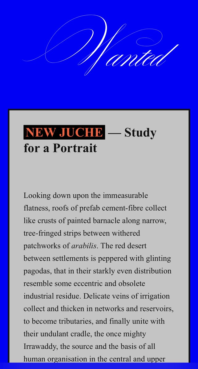A new piece of writing by New Juche is published today in Blake Butler’s (<a href="/blakebutler/">blake butler</a>) online journal WANTED, alongside much other good stuff:

whatiwanted.org/about.html