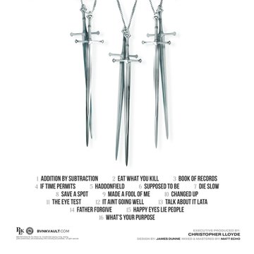 First image displays a white background with multiple silver swords crossed and arranged in a symmetrical pattern forming a central design. Text at the bottom reads LLOYD BANKS HHVI THE SIX OF SWORDS in bold letters. Second image shows three silver swords hanging as pendants on chains against a black background with a tracklist including titles like Addition by Subtraction Eat What You Kill and others numbered 1 through 14. Design credits to James and mastered by Matt Echo appear at the bottom.