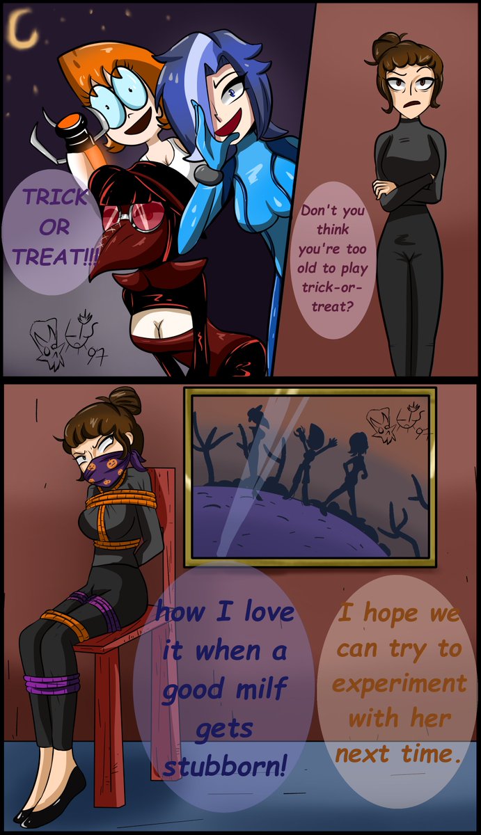 Another Halloween drawing, this time a night out for my 3 beloved OCs, who can't resist tying up and shackling a good MILF. I hope you like it and I'll make more strips with Daggry.

#bondage #milf #DID