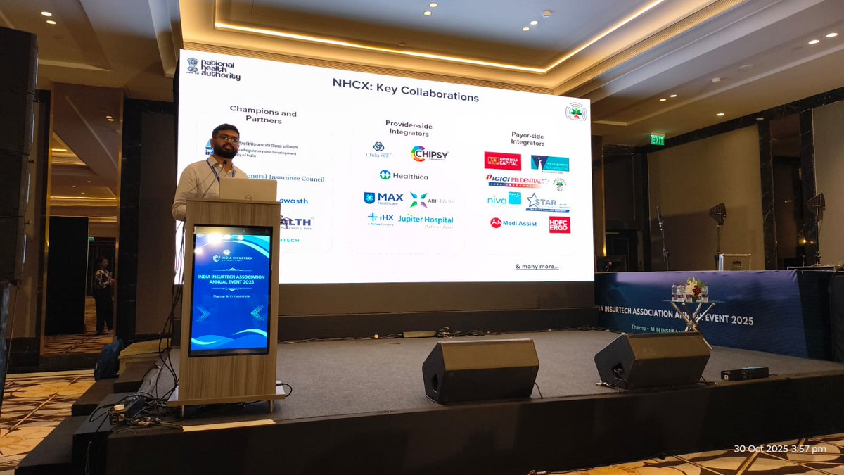 #NHAevents
At the 4th Annual Event of the India Insurtech Association, NHA showcased how #NHCX is revolutionizing India’s health insurance landscape — driving standardization, interoperability, and efficiency across the ecosystem.

#AyushmanBharat #DigitalHealth