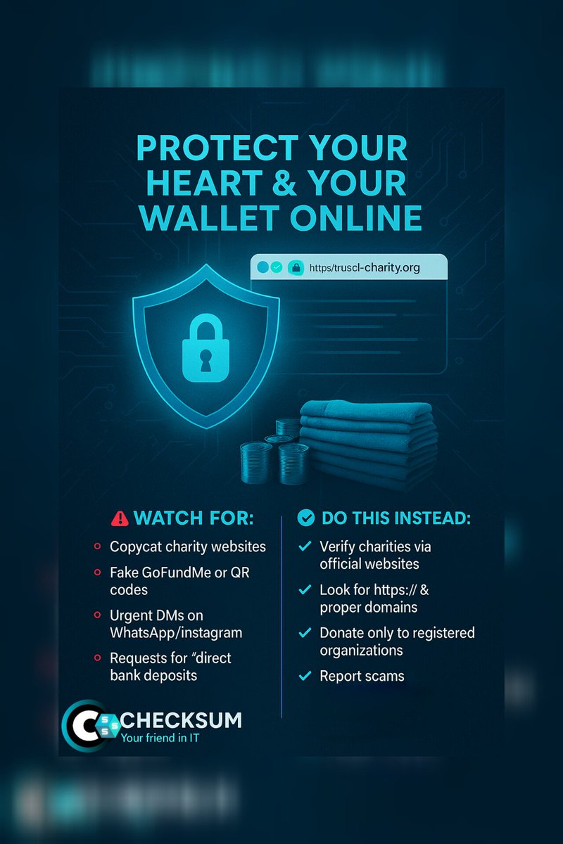 Checksum_Smart's tweet photo. 🌪 After Hurricane Melissa, scammers are taking advantage of kindness.
They clone charities, create fake donation links, and trick people into “helping” — only to steal your money or data.

💡 Stay cyber-smart while giving:
#checksum #yourfriendinit https://t.co/CuJH5AD6SJ