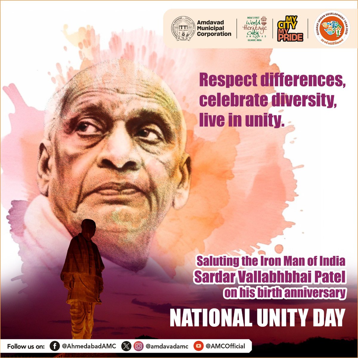 AmdavadAMC's tweet image. Sardar Patel’s strength of character and love for the country brought our nation together. As we honour him today let’s follow his ideals and carry forward his dream for a united and inclusive India. National Unity Day is a reminder to move forward together with harmony,…