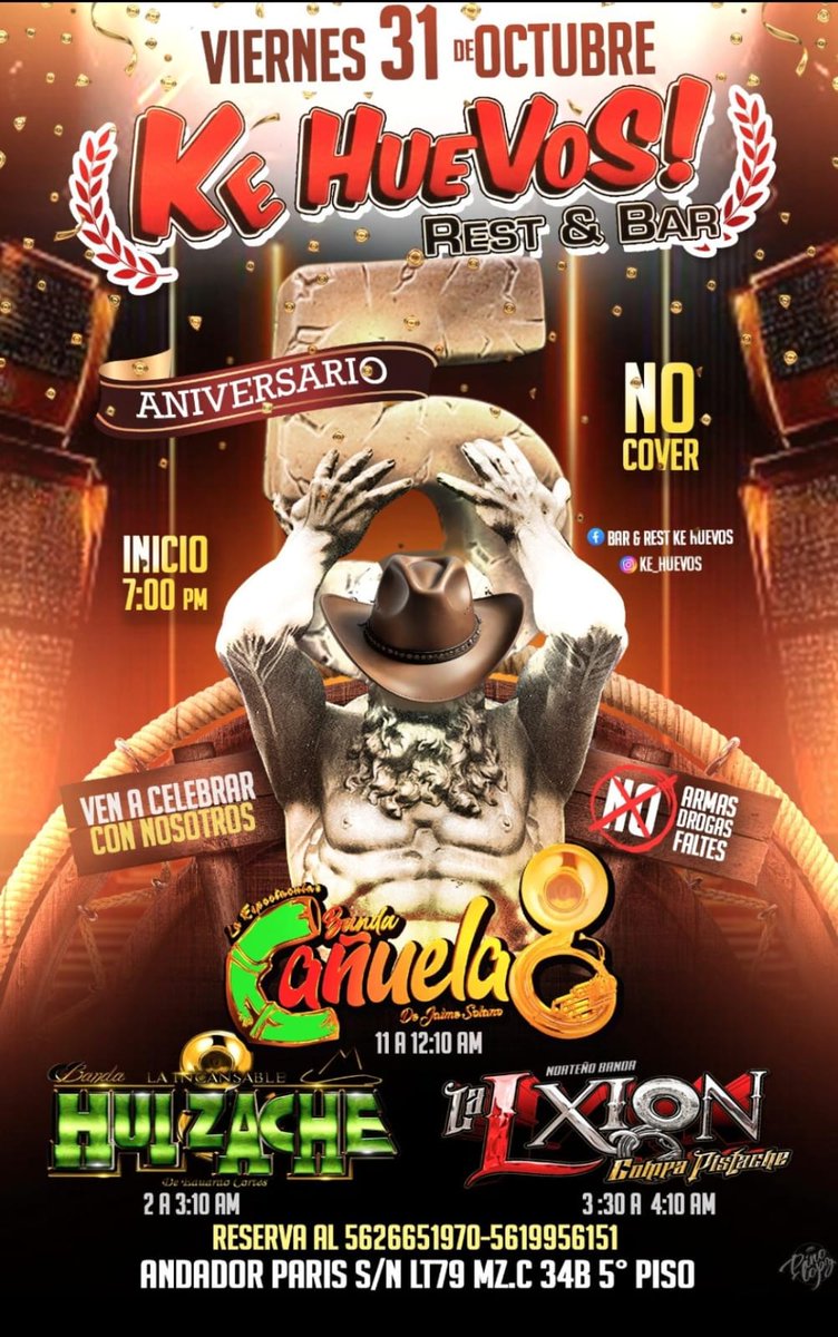 PuntoMedioEdo's tweet image. 🪗🙈🎙 ¡Rest &amp;amp; Bar &quot;Ke Huevos&quot; está de #aniversario y te invita a festejar con ellos!

👉🏻 Si te gusta la Banda #Sinaloense este es el lugar ideal para disfrutar del fin de semana.

🍾 Aprovecha las promociones del mes.

🚫 No Cover

📍Ubicados en Plaza Capri.