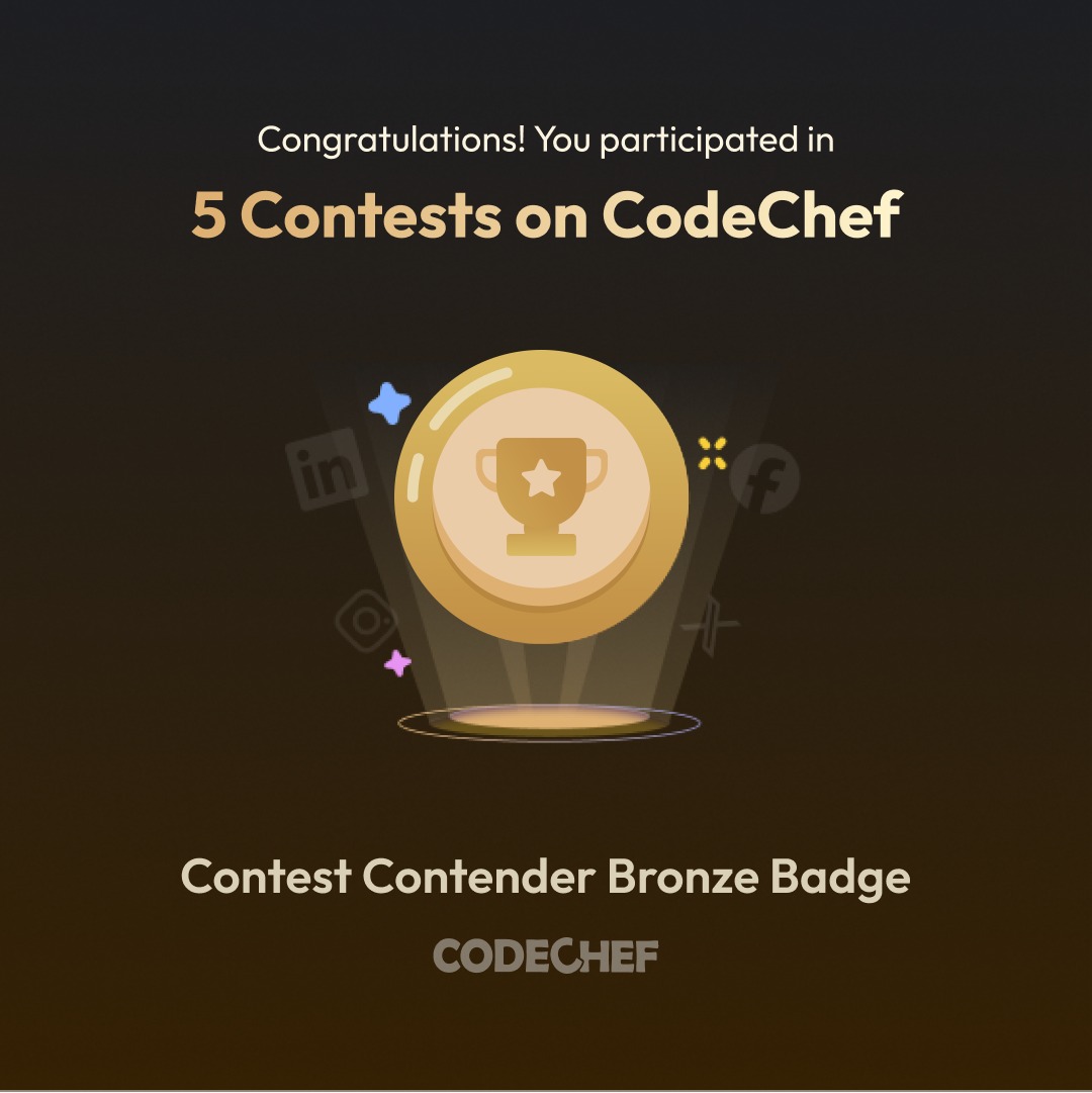 abdullahatif07's tweet image. 🔥 Just unlocked my Contest Contender Bronze Badge on CodeChef! 🔥
Participated in 5 contests and counting 💻⚡
#CodeChef #CodingJourney #ProblemSolving #KeepLearning