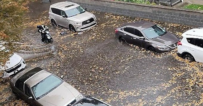Aerial view of a flooded outdoor parking area with multiple vehicles partially submerged in water, including a white SUV, gray sedan, black compact car, and white hatchback, surrounded by fallen autumn leaves and a concrete wall under overcast skies.