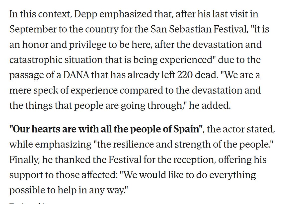 ohnny depp: "Our hearts are with all the people of Spain," while emphasizing "the resilience and strength of the people." Johnny Depp thanked the Festival for the reception, offering his support to those affected: "We would like to do everything possible to help in any way."