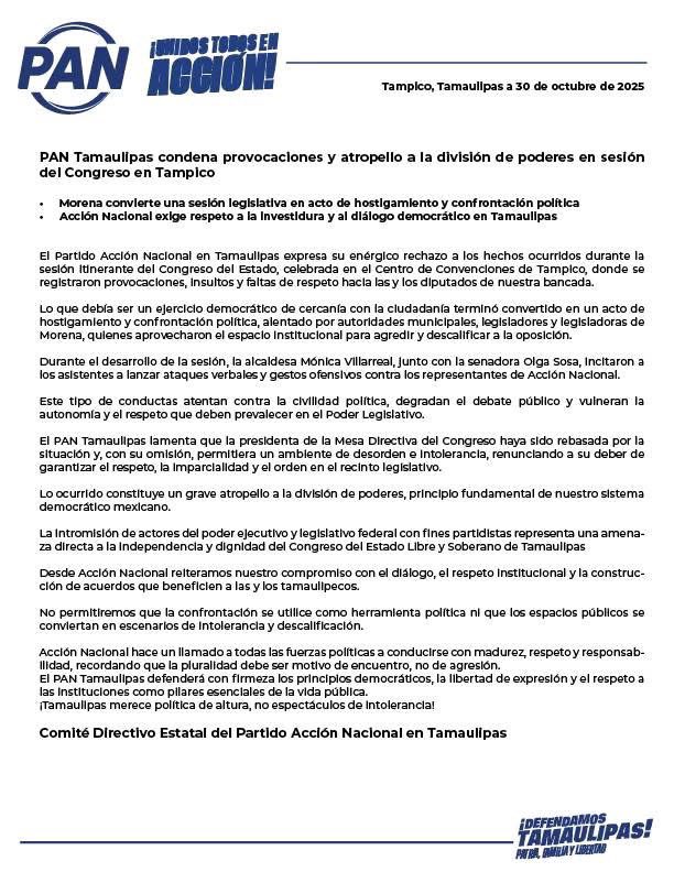 El PAN Tamaulipas condena los actos de provocación y falta de respeto ocurridos durante la sesión del <a href="/CongresoTams/">Congreso Tamaulipas</a>  en Tampico.

Refrendamos nuestro compromiso con el diálogo, la civilidad política y la defensa de la división de poderes.

<a href="/AccionNacional/">Acción Nacional</a> <a href="/JorgeRoHe/">Jorge Romero Herrera</a>
