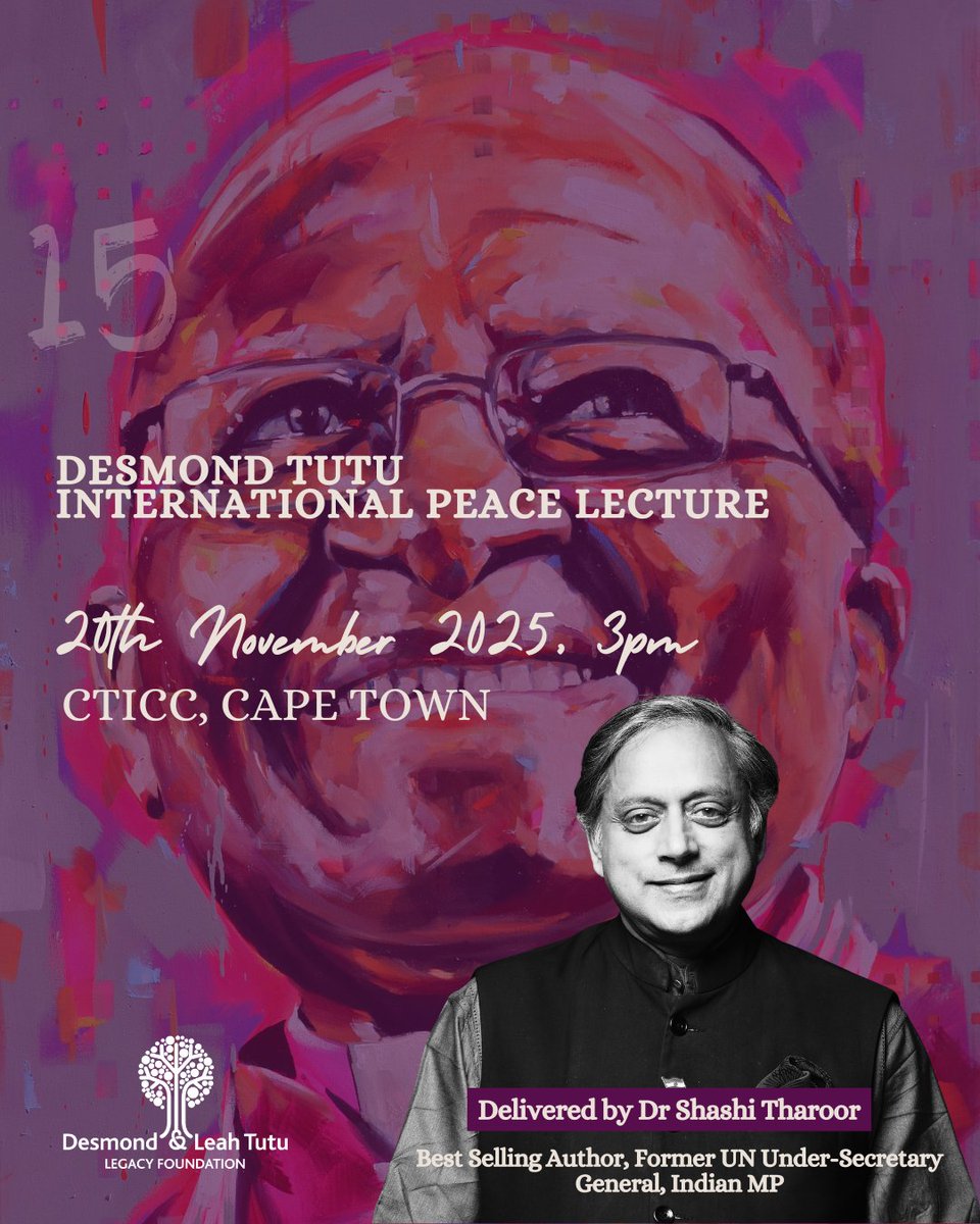 “Peace is not the absence of conflict, it’s justice in motion.” ✨

We’re honoured to welcome Dr <a href="/ShashiTharoor/">Shashi Tharoor</a> as keynote speaker for the 15th Desmond Tutu International Peace Lecture, celebrating fifteen years of Peace in Action.

🕊️ Theme: Faith, Conflict &amp; Our Shared Humanity