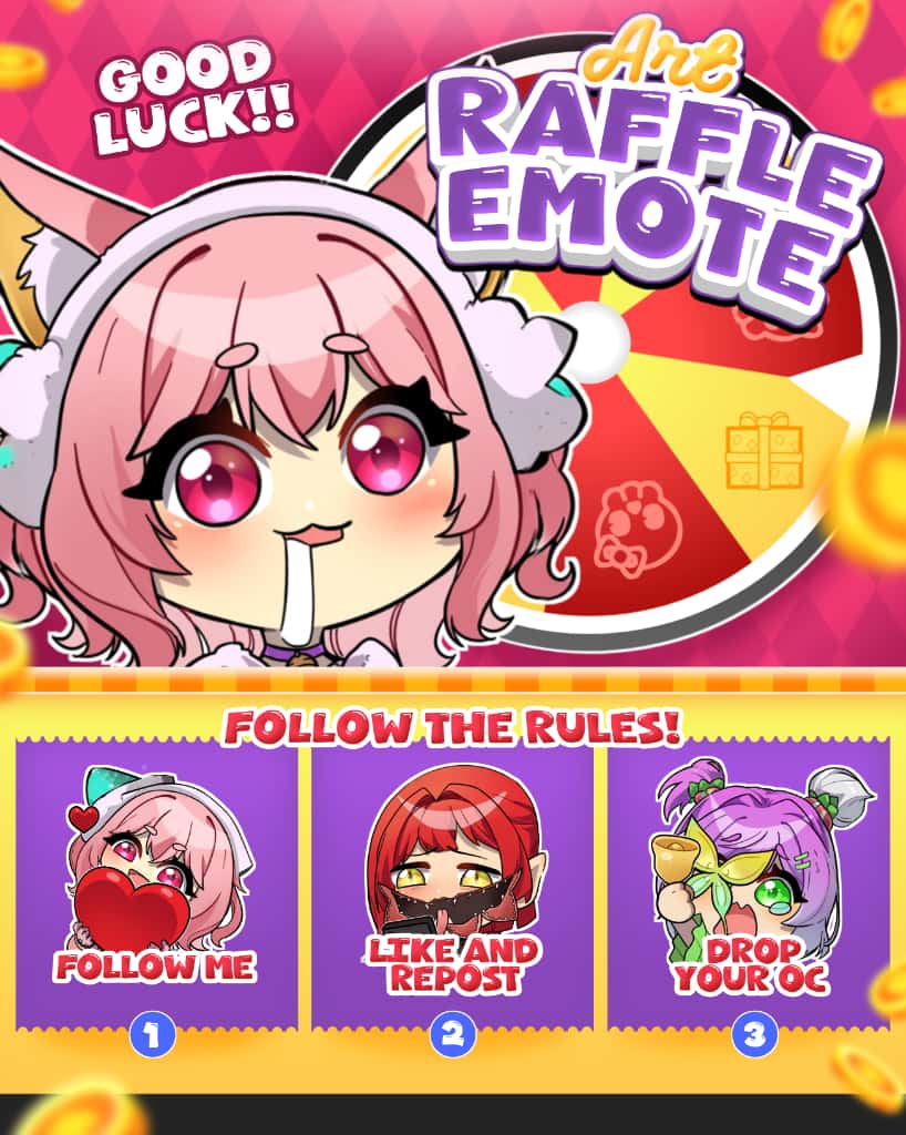Hii guysss~ it’s time for another Art Raffle!! 💋

This time it’s for emotes! 3 static emotes for 2 winners! 🎨
AND if we hit 100 likes, I’ll add 1 FREE custom animated emote! (200 likes = 2 free animated 👀)

Let’s see how far you can push me this time 😘
#artraffle #vtuber