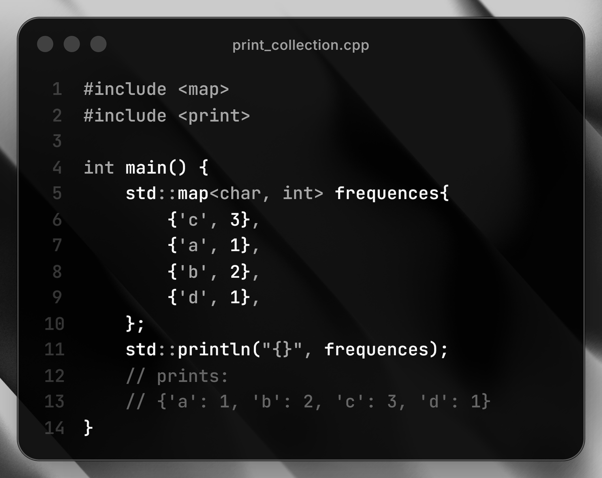 mdsiaofficial's tweet image. Since C++23, you can print any collection in one println.
Even dictionaries.
#cpp #cplusplus #cpp23
post by @ChShersh