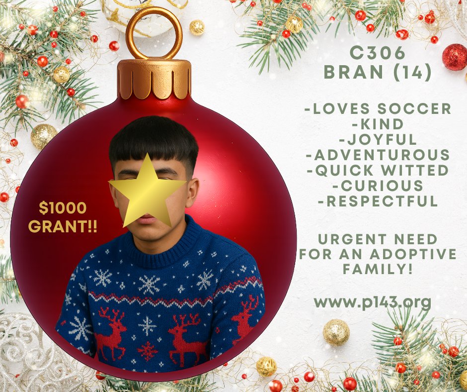 P143Org's tweet image. BRAN has a $1000 Grant!

BRAN is a 14-year-old whose joy is as contagious as his smile. His need for a family is now urgent!

To learn more about, please register here to view the Photolisting: p143.org/pre-registrati…