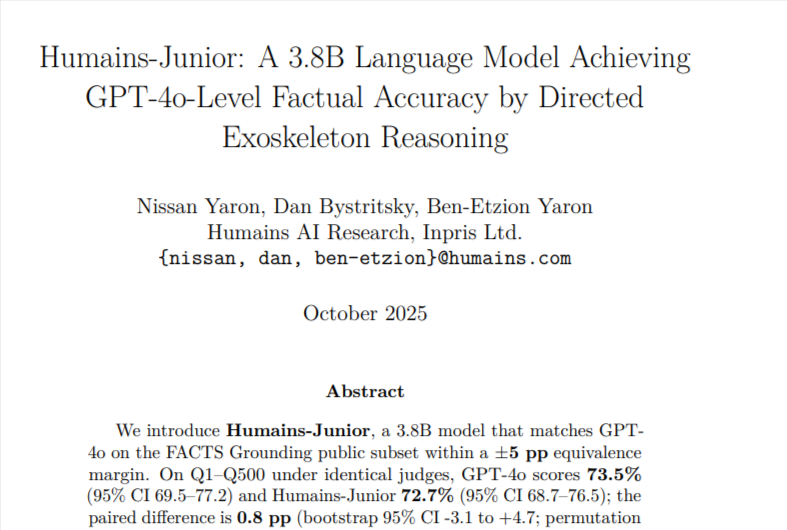 nisyron's tweet photo. Today, we are releasing Humains-Junior, a 3.8 billion-parameter LLM, factually grounded like GPT-4o, for free. We also reveal our Exoskeleton Reasoning unique method.

We were able to demonstrate that an LLM with as few as 3.8 billion parameters can be as factually grounded as a model more than 50 times larger and ~20 times more expensive, such as GPT4.

This means that the industry's direction is incorrect and that compact, cost-effective AI is feasible. We also release our model for free for personal use.

This is a really exciting moment for me, and new. We never released anything in open source, but I always wanted to.

The thing is, when the industry is running and there is so much noise, keeping this to ourselves would be wrong. I hope you'll get good use out of our work.