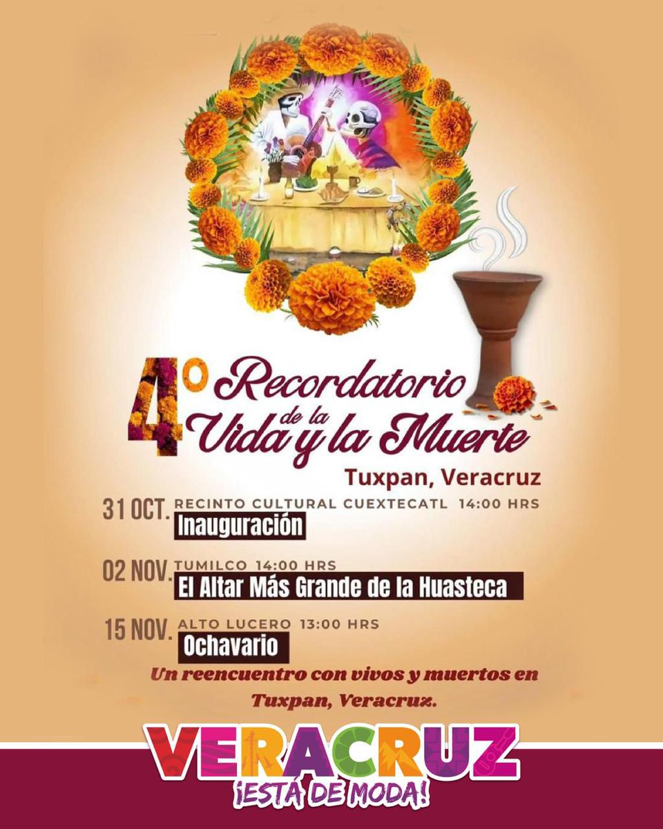 💀 ¡Vive la magia del Día de Muertos en Tuxpan! 🌼🕯️

Altares llenos de flores 🌸 música que celebra la vida 🎵 y tradición que toca el corazón te esperan.

¡No te lo pierdas! 🙌

#VeracruzEstáDeModa ✨