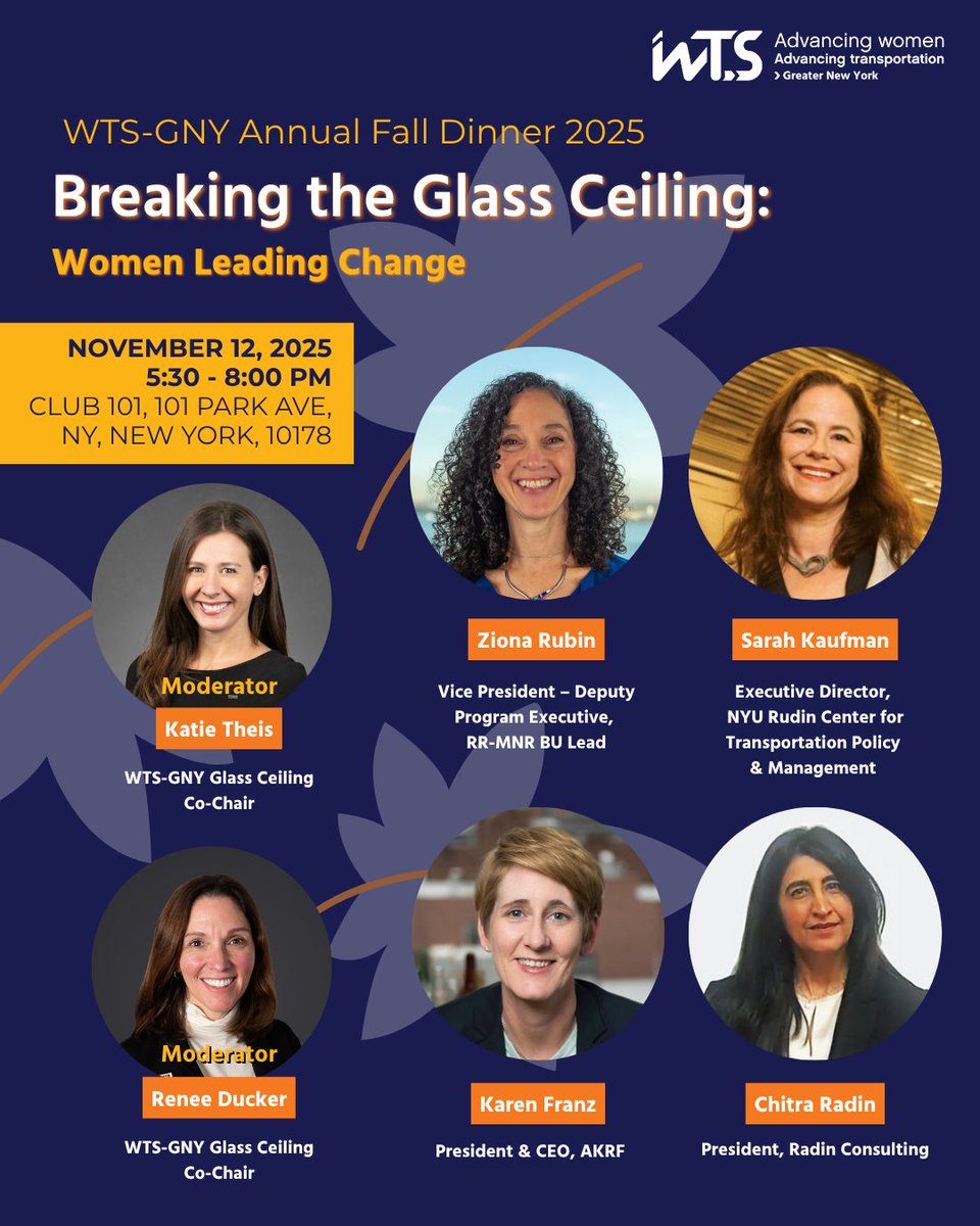 Join us for the WTS-GNY Fall Dinner and the release of our 2025 Glass Ceiling Report—a vital benchmark tracking progress, uncovering barriers, and driving action toward gender equity in transportation.
Register:lp.constantcontactpages.com/ev/reg/tne8una…