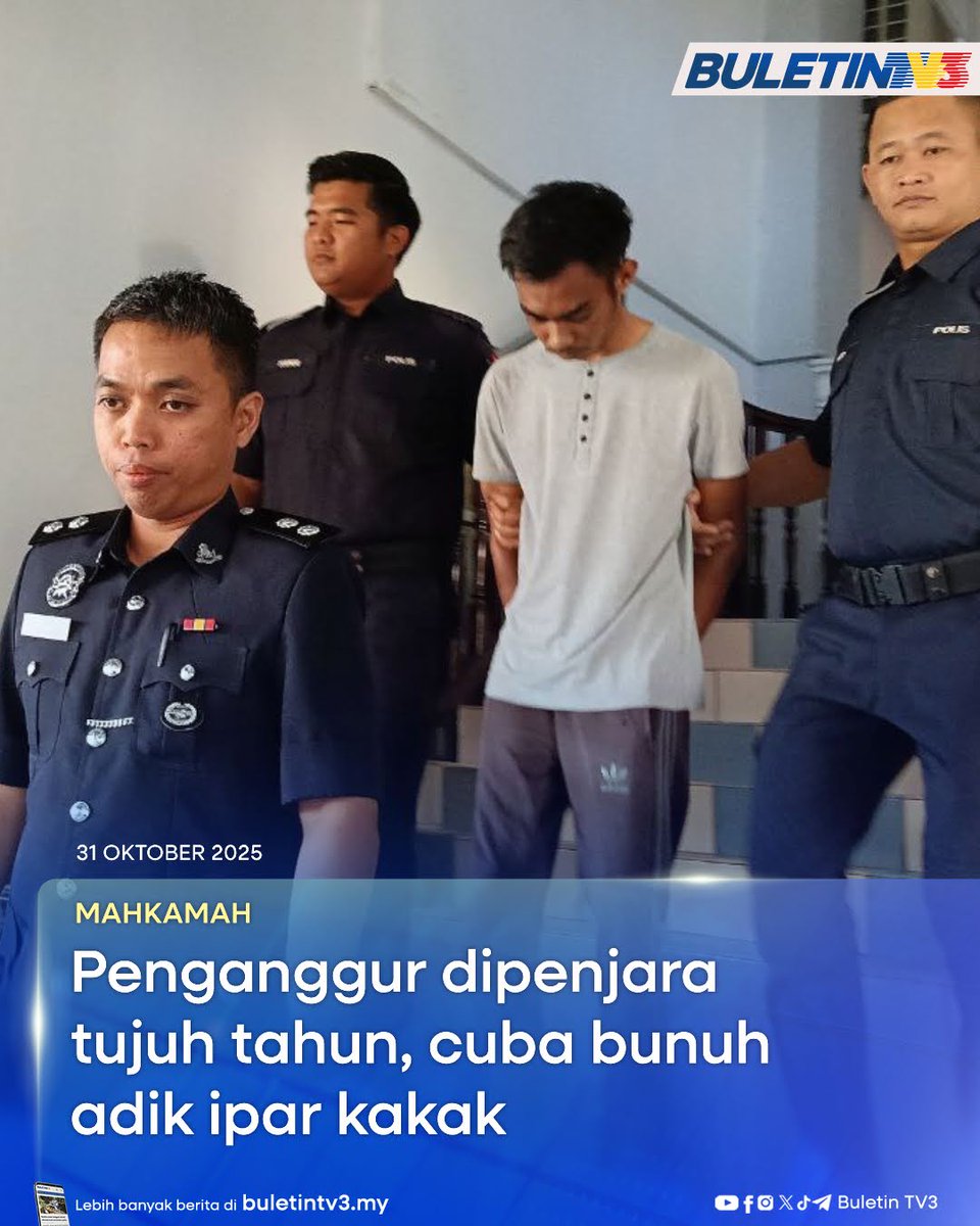 BuletinTV3's tweet image. MAHKAMAH | Seorang penganggur dipenjara tujuh tahun oleh Mahkamah Sesyen Ayer Keroh selepas mengaku bersalah cuba membunuh seorang gadis, yang juga adik ipar kakaknya, minggu lalu.

#BuletinTV3 #Penganggur #CubaanBunuh #Melaka