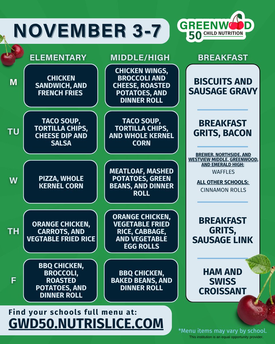 Get ready to embark on a flavor-filled journey in <a href="/Gwd50Schools/">Greenwood 50 Schools</a> cafeterias.

Please see our complete menu on our website: gwd50.nutrislice.com

*Menus are subject to change due to food availability.

Thank you for your patience and understanding!

<a href="/EmeraldGwd50/">Emerald High School</a> <a href="/rtcgwd/">G. Frank Russell Technology Center</a>